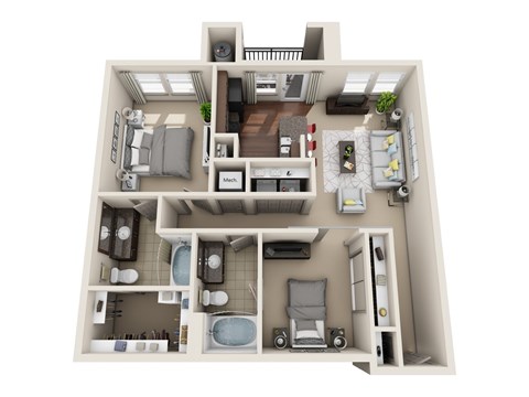 A 3D floor plan of a small apartment with a kitchen, living room, and bathroom.